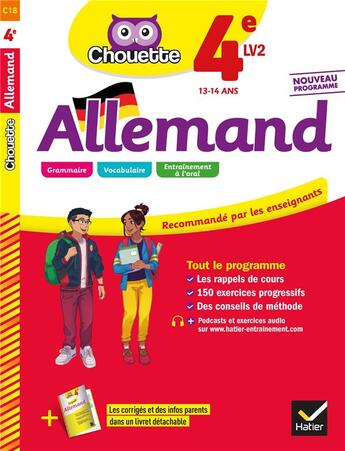 Couverture du livre « Chouette entrainement - 18 - allemand 4e - lv2 (a1+, a2) - cahier d'entrainement et de revision » de Munoz Francoise aux éditions Hatier