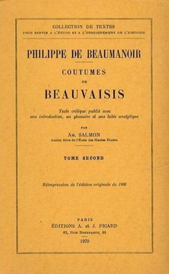 Couverture du livre « Coutumes de beauvaisis. t.2 » de Philippe De Beaumanoir aux éditions Picard