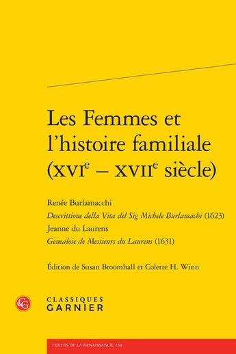 Couverture du livre « Les femmes et l'histoire familiale (xvie - xviie siecle) - renee burlamacchi des - renee burlamacchi » de Anonyme aux éditions Classiques Garnier