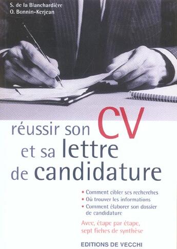 Couverture du livre « Reussir son cv et sa lettre de candidature » de De La Blanchardiere aux éditions De Vecchi