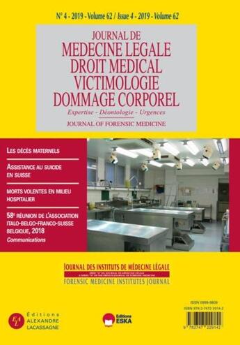 Couverture du livre « 58e réunion de l'association IBFS Belgique 2018-jml 4-2019 : journal des instituts de médecine légale vol 62 n°4-2019 » de Byk-Brinkman-Ludes-Malicier aux éditions Eska