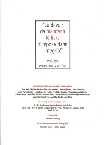 Couverture du livre « Le devoir de maintenir le livre s'impose dans l'intégrité ; 1996-2016 » de  aux éditions William Blake & Co