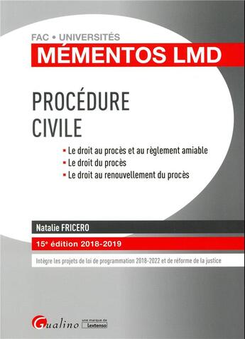 Couverture du livre « Procédure civile (édition 2018/2019) » de Natalie Fricero aux éditions Gualino