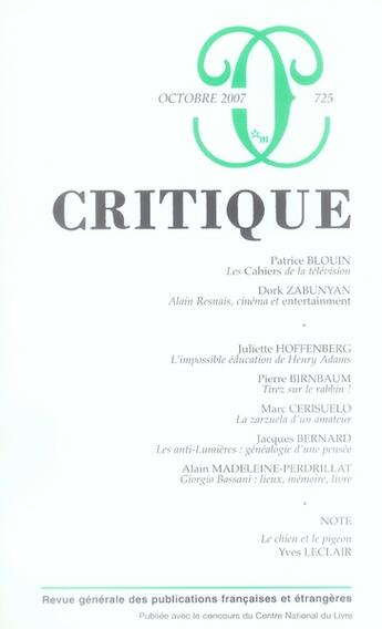 Couverture du livre « Revue Critique n.725 » de Revue Critique aux éditions Minuit