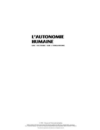 Couverture du livre « L'autonomie humaine ; une victoire sur l'organisme » de Jean-Claude Brief et Jocelyne Morin aux éditions Presses De L'universite Du Quebec