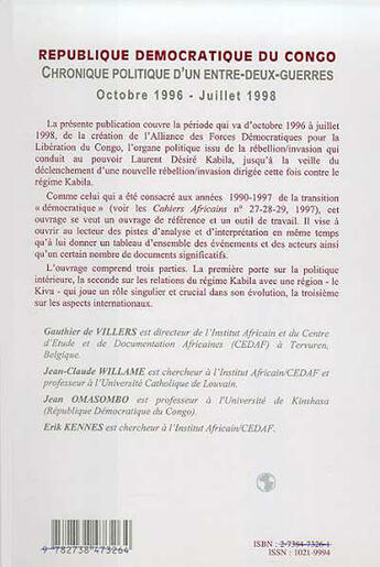 Couverture du livre « République démocratique du Congo ; chronique politique d'un-entre-deux-guerres (octobre 1996-juillet 1998) » de Jean-Claude Willame et Jean Omasombo et Gauthier De Villiers et Erik Kennes aux éditions L'harmattan