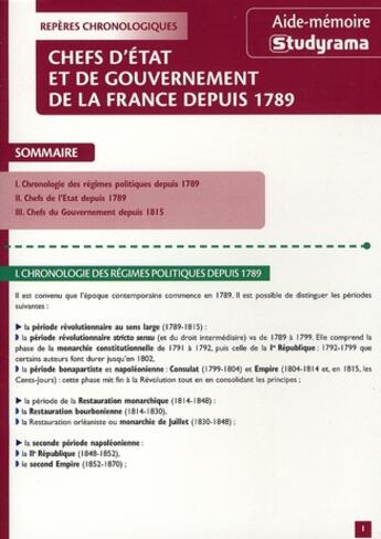 Couverture du livre « Chefs d'état et de gouvernement de la France depuis 1789 » de  aux éditions Studyrama