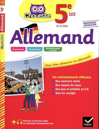 Couverture du livre « Chouette entrainement - 12 - allemand 5e - lv2 (a1 vers a2) - cahier d'entrainement et de revision » de Guillot M-G. aux éditions Hatier