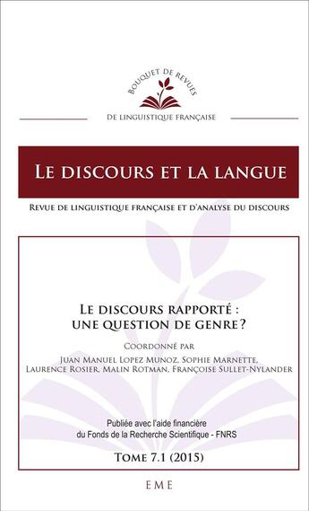 Couverture du livre « Le discours rapporté : une questions de genre ? » de  aux éditions Eme Editions