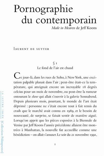 Couverture du livre « Pornographie du contemporain, made in heaven de Jeff Koons » de Laurent De Sutter aux éditions Lettre Volee