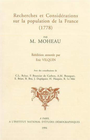 Couverture du livre « Recherches et considérations sur la population de la France » de Jean-Baptiste Moheau aux éditions Ined