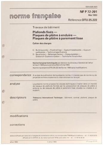 Couverture du livre « Dtu 25.222 plafonds fixes. plaques de platre a enduire. plaques de parement liss » de Cstb aux éditions Cstb