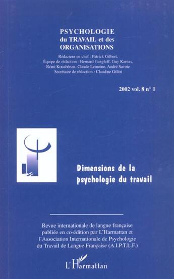 Couverture du livre « Dimensions de la psychologie du travail - vol08 » de  aux éditions L'harmattan