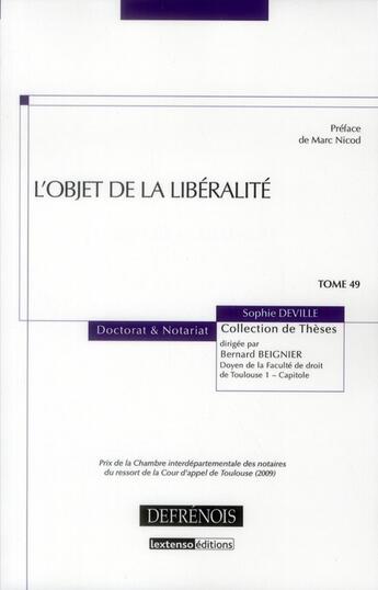 Couverture du livre « L'objet de la libéralité » de Sophie Deville aux éditions Defrenois