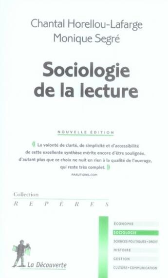 Couverture du livre « Sociologie de la lecture » de Horellou-Lafarge C. aux éditions La Decouverte