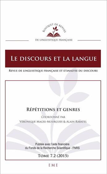 Couverture du livre « Répétitions et genres : 7.2 - 2015 » de Alain Rabatel et Veronique Magri-Mourgues aux éditions Eme Editions