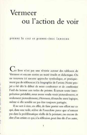 Couverture du livre « Vermeer ou l'action de voir » de Le Coz P./Laroche P. aux éditions Lettre Volee