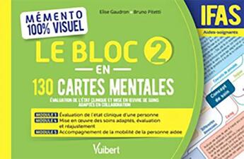 Couverture du livre « Mémento 100% visuel : le bloc 2 en 130 cartes mentales ; IFAS évaluation de l'état clinique et mise en oeuvre de spoins adaptés en collaboration » de Elise Gaudron et Bruno Pitetti aux éditions Vuibert