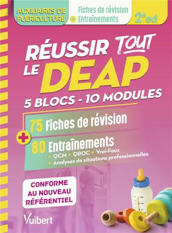 Couverture du livre « Réussir tout le DEAP en 75 fiches de révision et 80 entraînements : pour les auxiliaires de puériculture ; 5 blocs ; 10 modules ; adapté au nouveau référentiel AP (2e édition) » de Frederique Jaquet aux éditions Vuibert