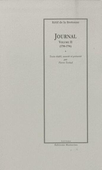 Couverture du livre « Journal (1790-1796) » de Nicolas-Edme Rétif De La Bretonne aux éditions Manucius