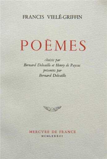 Couverture du livre « Poemes » de Viele-Griffin F. aux éditions Mercure De France