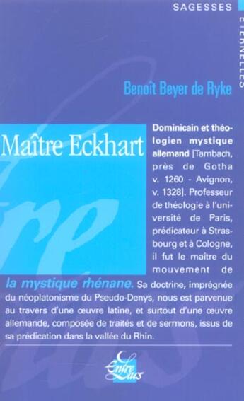 Couverture du livre « Maitre eckhart » de Benoit Beyer De Ryke aux éditions Medicis Entrelacs