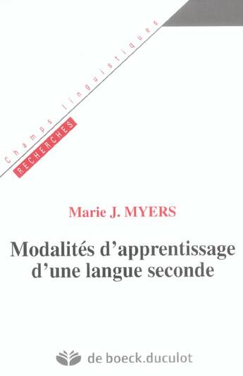 Couverture du livre « Modalites D'Apprentissage D'Une Langue Seconde » de Myers aux éditions Duculot