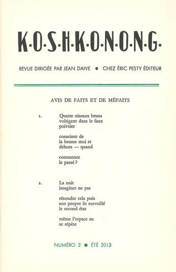 Couverture du livre « K.O.S.H.K.O.N.O.N.G. N 2 » de Daive Jean (Dir.) aux éditions Eric Pesty