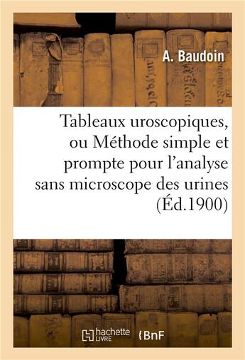 Couverture du livre « Tableaux uroscopiques, ou methode simple et prompte pour l'analyse sans microscope des urines » de Baudoin A aux éditions Hachette Bnf