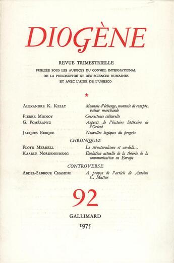 Couverture du livre « Diogene 92 » de Collectifs Gallimard aux éditions Gallimard