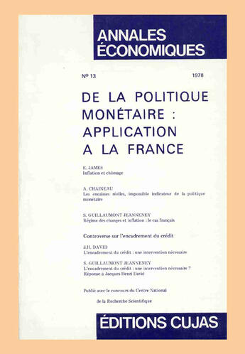 Couverture du livre « De la politique monétaire : application à la france » de Annales Economiques De L'Universite De Clermont Ferrand aux éditions Cujas