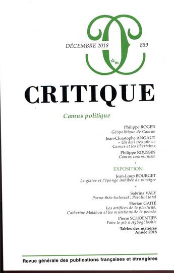 Couverture du livre « Critique 859 » de  aux éditions Minuit