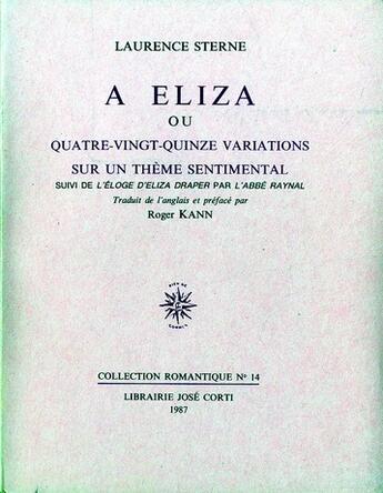 Couverture du livre « A eliza » de Raynal/Sterne aux éditions Corti