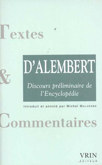 Couverture du livre « Discours preliminaire de l'encyclopedie » de Le Rond D'Alembert aux éditions Vrin