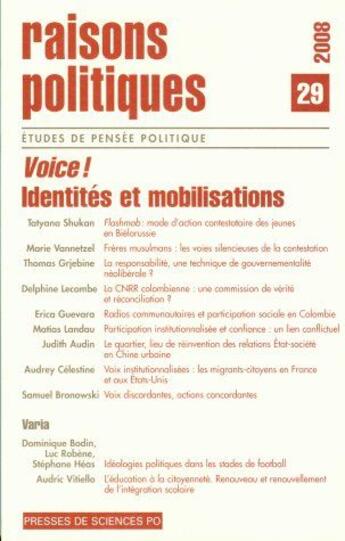 Couverture du livre « REVUE RAISONS POLITIQUES T.29 ; VOICE, participation, mobilisation, citoyennetés comparées » de Revue Raisons Politiques aux éditions Presses De Sciences Po