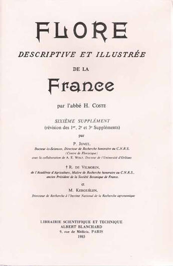 Couverture du livre « Flore descriptive et illustrée de la France ; 6e supplément » de P Jovet et R De Vilmorin aux éditions Blanchard