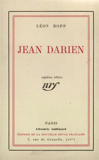 Couverture du livre « Jean darien » de Leon Bopp aux éditions Gallimard