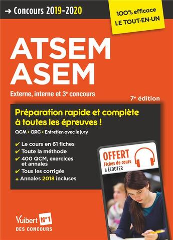 Couverture du livre « ATSEM, ASEM ; externe, interne et 3e concours ; tout-en-un (édition 2019/2020) » de Elodie Laplace aux éditions Vuibert