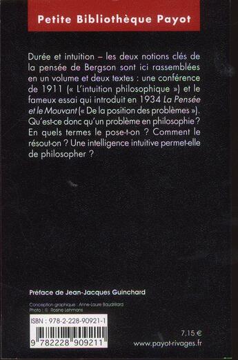 Couverture du livre « L'intuition philosophique ; de la position des problèmes » de Henri Bergson aux éditions Payot