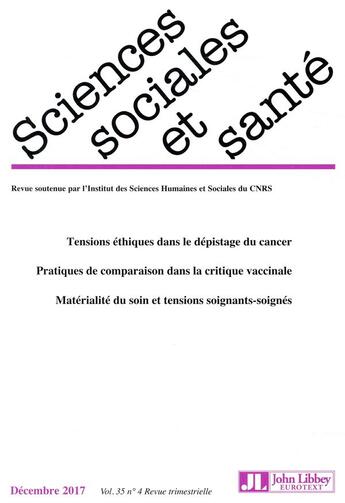 Couverture du livre « Revue sciences sociales et sante. vol 35 - n 4/2017 » de Schweyer Francois Xa aux éditions John Libbey