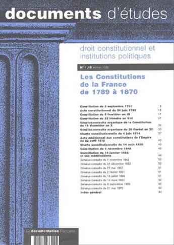 Couverture du livre « Les constitutions de la france de 1789 a 1870 » de De 118 aux éditions Documentation Francaise