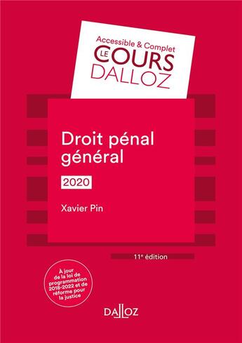 Couverture du livre « Droit pénal général (édition 2020) » de Xavier Pin aux éditions Dalloz