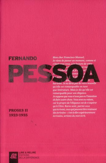Couverture du livre « Proses Tome 2 ; 1921-1935 » de Fernando Pessoa aux éditions La Difference