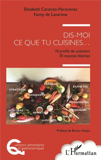 Couverture du livre « DIS MOI CE QUE TU CUISINES... 10 profils de cuisiniers, 70 recettes fétiches » de Elisabeth Carenzo-Personnaz et Fanny De Lavarene aux éditions L'harmattan