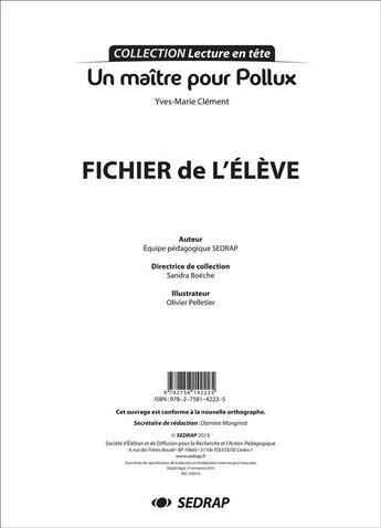 Couverture du livre « Lecture En Tete ; Un Maître Pour Pollux ; Fichier De L'Elève » de Yves-Marie Clement aux éditions Sedrap