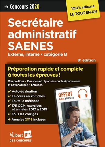 Couverture du livre « Secrétaire administratif, SAENES, classe normale et supérieure ; catégorie B ; concours 2020 (8e édition) » de  aux éditions Vuibert