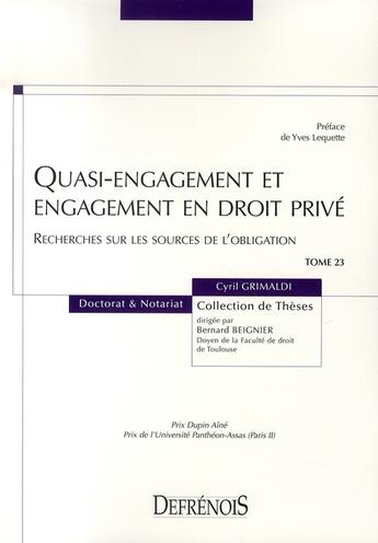 Couverture du livre « Quasi-engagement et engagement en droit privé » de Cyril Grimaldi aux éditions Defrenois