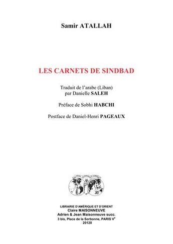 Couverture du livre « Les carnets de Sindbad » de Samir Atallah aux éditions Claire Maisonneuve