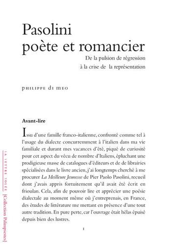 Couverture du livre « Pasolini, poète et romancier : de la pulsion de régression à la crise de la représentation » de Philippe Di Meo aux éditions Lettre Volee