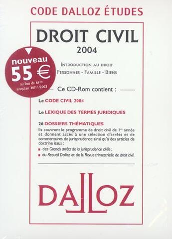 Couverture du livre « Code dalloz etudes droit civil 2004. introduction au droit personnes famille biens 2e ed (103e édition) » de  aux éditions Dalloz